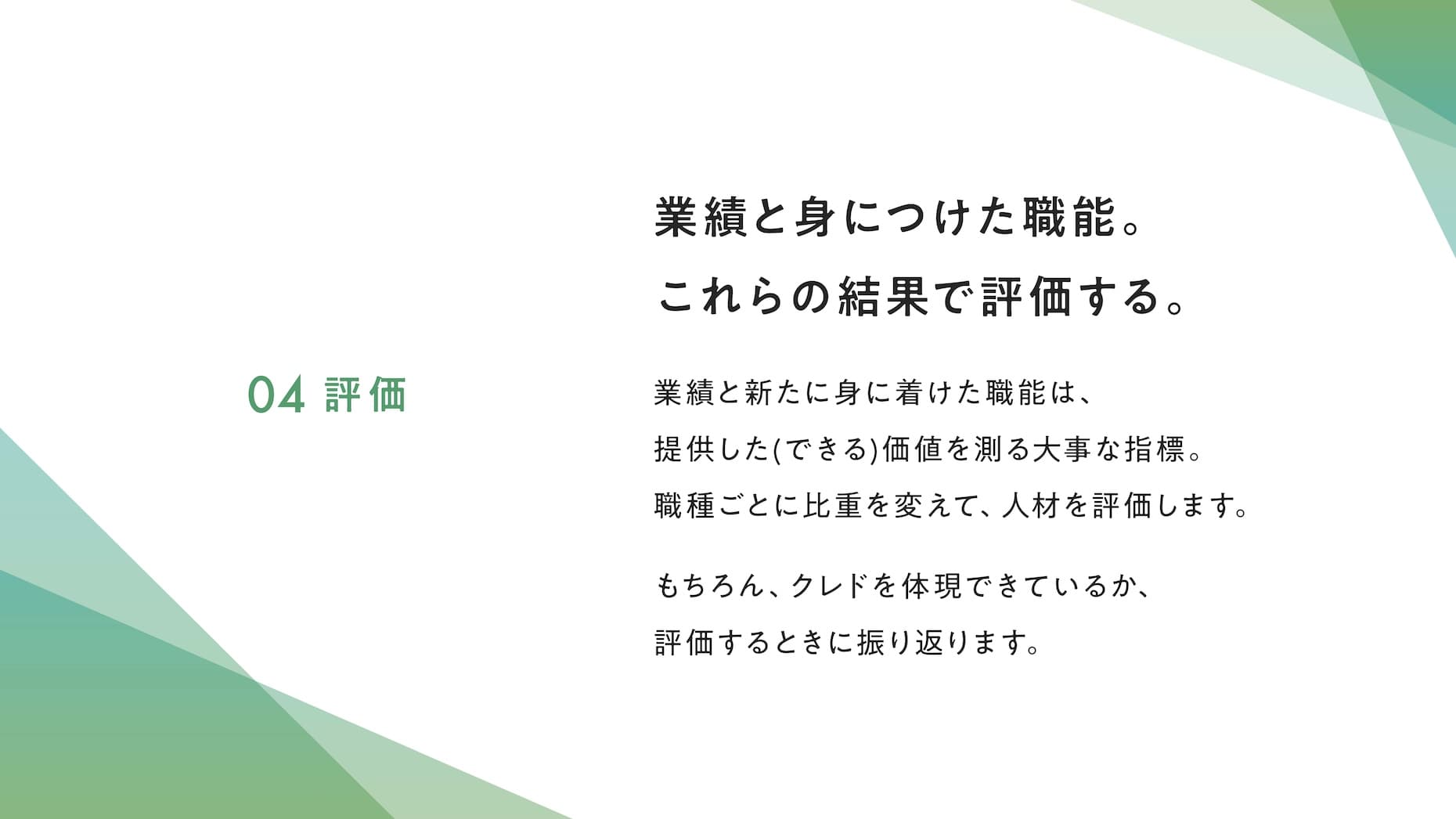 04 評価 業績と身につけた職能。これらの結果で評価する。